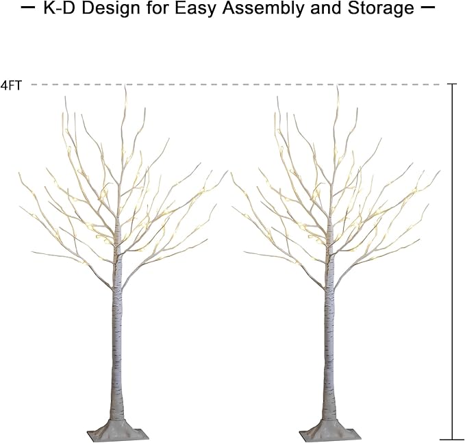 LIGHTSHARE 4 Feet 48L LED Birch Tree Lights, Pack of 2, Warm White, for Holiday Party and Christmas Decoration, Indoor and Outdoor Use