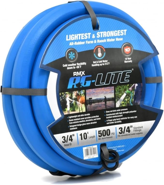 AG-LITE BSAL3410 3/4" x 10' Hot/Cold Water Rubber Garden Hose, 100% Rubber, Ultra-Light, Super Strong, 500 PSI, 50F to 190F Degrees, High Strength Polyester Braided