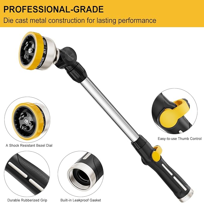 FANHAO Metal Garden Hose Wand, 16-Inch Heavy Duty Watering Wand with 9 Spray Patterns, 180° Rotating Long Garden Hose Nozzle Thumb Flow Control, Ideal to Water Hanging Baskets and Shrubs -Yellow