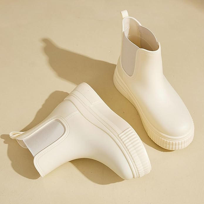 Women's PVC Chunky Platform Ankle Rain Boots Waterproof Slip On Anti-slip Chelsea Boots Comfort Wide-leg Elastic Band Outdoor Rubber Garden Work Rain Boots For Yard Farm