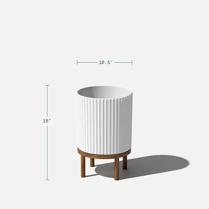 Veradek Demi Series Round Planter w/ Stand for Porch/Patio | Durable Plastic-Concrete & Wooden Stand | Modern Décor for Tall Plants, Flowers