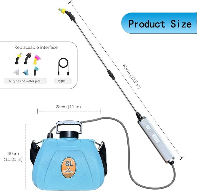 2025 New 7.4V Powerful Electric Sprayer with Waterproof Handle, USB Charging, 6 Spray Heads, 2.1 gallons, Adjustable Rod and Shoulder Strap, Suitable for Gardens, lawns, etc., Lasts About 3 Hours