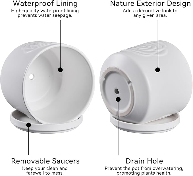 Ekirlin 7 inch Flower Plant Pot Indoor - Ceramic Garden Planters, Modern Rose Pattern Plant Pots with Drain Hole Saucer, Weatherproof Decorative Pot for Home, Office & Outdoor (White)