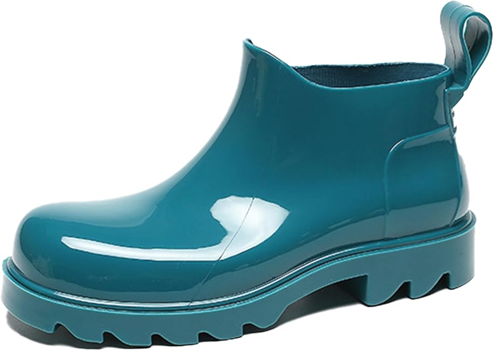 Women's PVC Lug Sole Ankle Rain Boots Comfort Round Toe Waterproof Low Chunky Platform Non-Slip Mid Top Garden Chelsea Short Galoshes for Outdoor Work