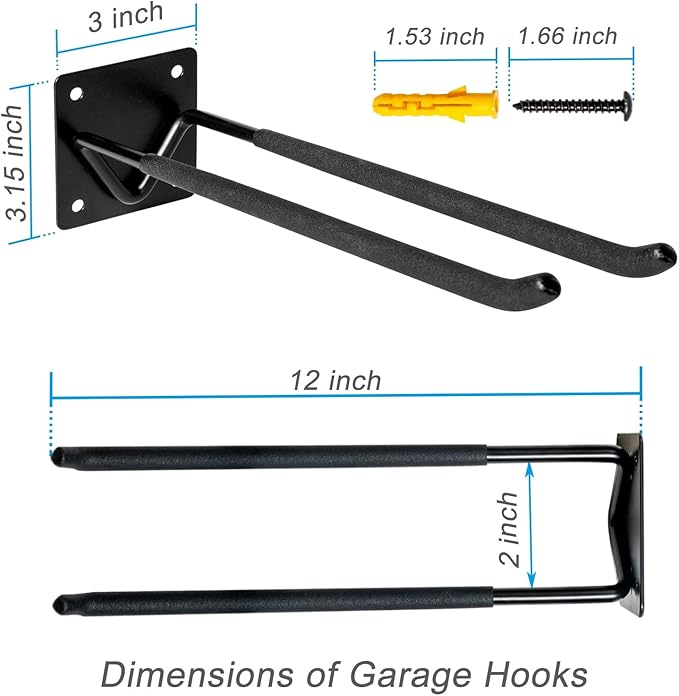 Garage Hook Hangers 2 Pcs, Shovel Holder Wall Mount, Rake Racks, Upgraded Ladder Hanger, Heavy Duty Folding Chair Rack, Garden Tool Hooks for Hanging Yard Tools, Ladders, Bikes and More