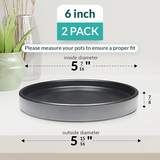 Willowy Heavy Duty Ceramic 6 Inch Plant Saucer - Pack of 2 - Scratch-Resistant Plant Plate for Pots less than 5.4" at the Base, Plants Saucers for Indoors, Plant Drip Trays, Black Ceramic Tray