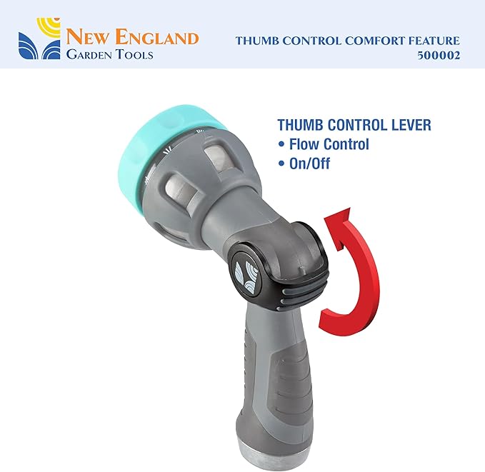 Garden Hose Nozzle 9 Pattern Metal Water Sprayer 500002 with Thumb Control and Comfort Grip by New England Garden Tools for Cleaning, Watering Plants & Yards, Washing Cars & Pets