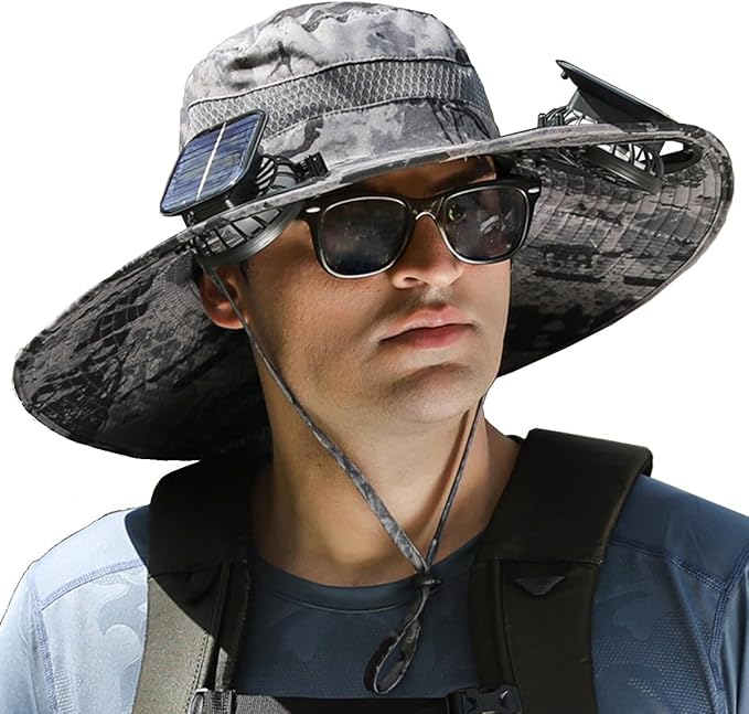 Solar Fan Hat, Wide Brim Sun Hat with 2 Solar Fan Large, USB UPF 50+ Fishing Cap with Fans Built in for Men Women