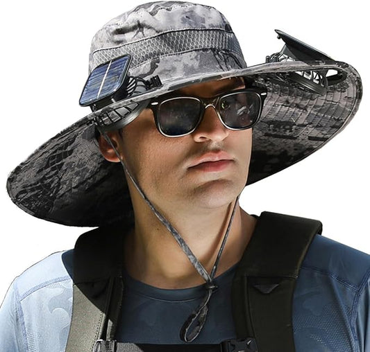 Solar Fan Hat, Wide Brim Sun Hat with 2 Solar Fan Large, USB UPF 50+ Fishing Cap with Fans Built in for Men Women