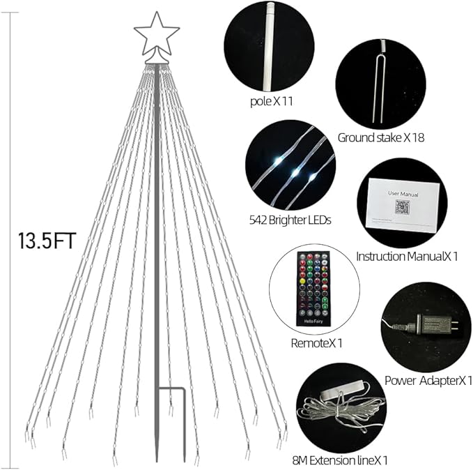 13.5ft,542 LEDs Smart Christmas Tree Lights Outdoor Pole set,App&Remote Control Large Waterfall String Lights,DIY RGB Colors,Music Sync,Timer,Waterproof Giant Tree Lights for Yard,Party,Xmas Decor