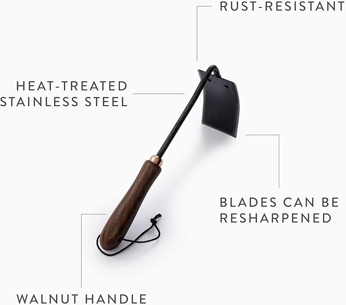 Barebones Square Hand Hoe - Garden Hoe for Weeding with a Long Handle - Japanese Gardening Tool, Sickle Garden Tool (Black/Walnut)