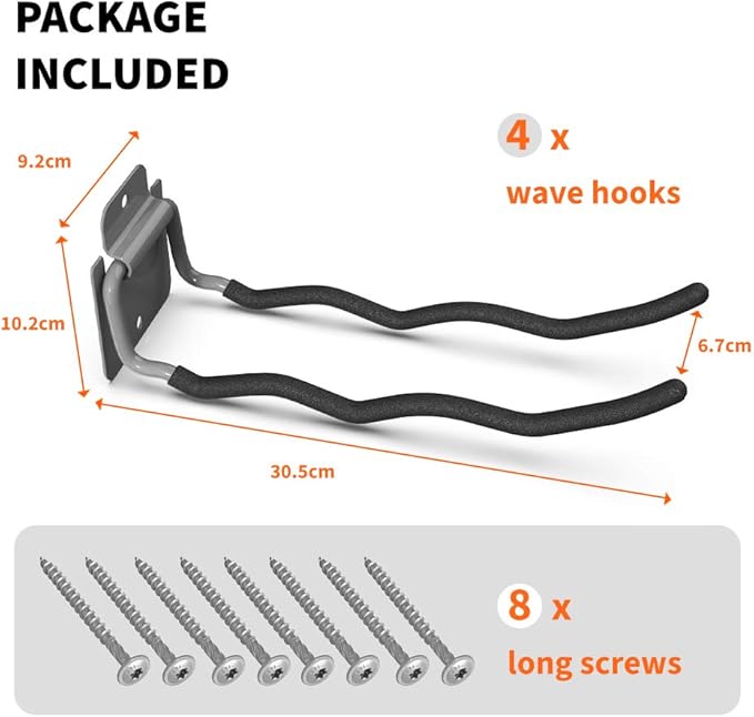 TORACK Garage Hooks Tool Organizer, 4 Pack Heavy Duty Steel 12" Wave Hooks, Wall Mount Garage Storage Utility Hook for Car Tires, Ladder, Chairs, Power Tools, Garden Tools