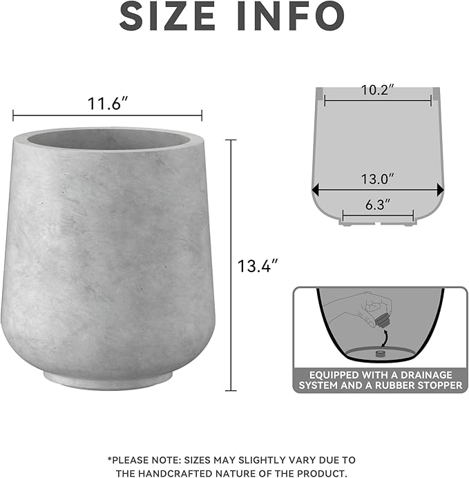 Kante 11.6" Dia Round Concrete Planter, Outdoor Indoor Large Plant Pots Containers with Drainage Hole and Rubber Plug for Home Garden Patio, Gray Concrete