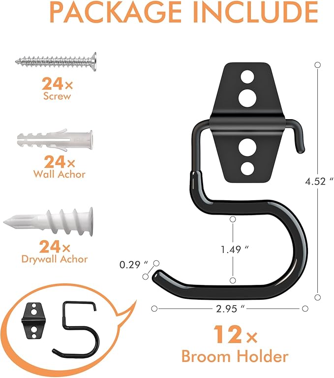 LIGHT DUST Broom Holder Wall Mount - 6 Pack Tool Hangers Garage Wall Hanging Organizer - Heavy Duty Metal Large S Hooks for Mop Shovel Rake Shed Garden Lawn Yard Handle Tools Organization (Black)