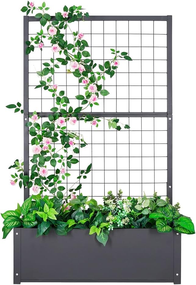 Metal Planter with Trellis Raised Garden Beds Outdoor (35.5" L*12" W*59" H) Inch Planter Box with Trellis&Privacy Screen for Climbing Plants, Vegetables, Vines