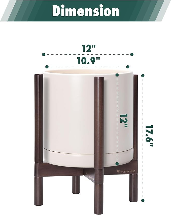 D'vine Dev Ceramic Planter with Walnut Color Stand - 12 Inch Modern Round Flower Pot with Wood Planter Holder, Oatmeal, 55-B-W-8