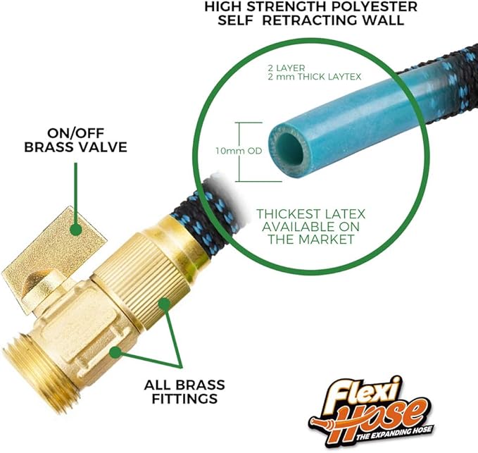 Flexi Hose with 8 Function Nozzle, 50FT - Lightweight Expandable Garden Hose, No-Kink Flexibility, 3/4 Inch Solid Brass Fittings and Double Latex Core