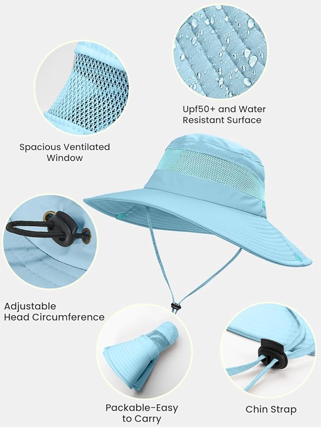EW EastWater Beach Sun Bucket Hats for Women,UV Protection High Ponytail Hole UPF 50+ Waterproof for Hiking Safari Fishing