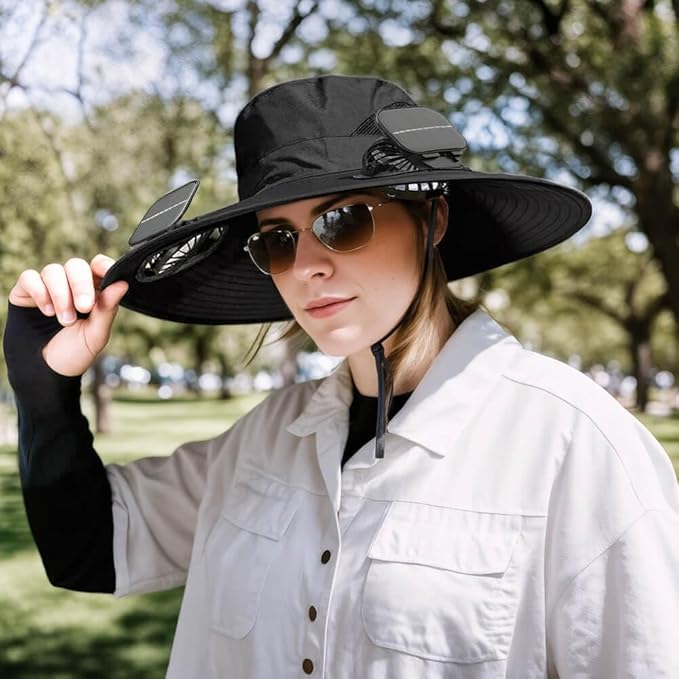 Solar Powered Fan Hat for Men Women Wide Brim Hat with 2 Fans UPF 50+ Outdoor Fishing Beach Sun Hat