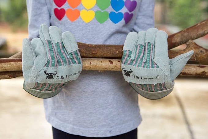 JustForKids Kids Work and Gardening Gloves with Rubberized Safety Cuff, Children and Youth age 6 Years Old, Premium Leather and Cotton