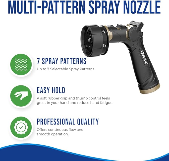 Underhill Pattern Master Gold Series Garden Water Hose Nozzle Sprayer Head, 3/4-Inch Thread Inlet, Heavy-Duty, Adjustable 7 Spray Patterns, NG250-8S