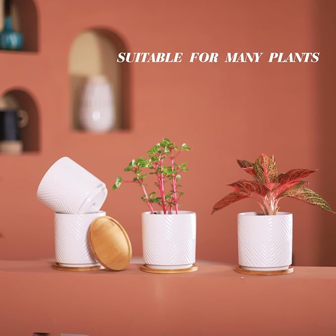 5.25 Inch Ceramic Planter Pot for Indoor Plants with Drainage Holes, Geometry Design White Flower Planter Pots with Bamboo Saucer, for Succulent, Snake Plants, Cactus & Herbs, Set of 4
