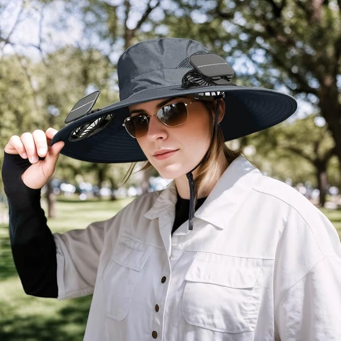 Solar Powered Fan Hat for Men Women Wide Brim Hat with 2 Fans UPF 50+ Outdoor Fishing Beach Sun Hat