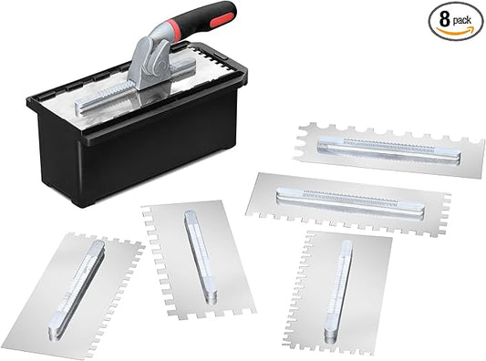 Fishark Switchable Notch Trowel Set，8 Piece Trowel Box Kit, Made of Premium Stainless Steel with Soft Grip Handle, Perfect Tool for Cement, Concrete, Masonry Tile Installation Work