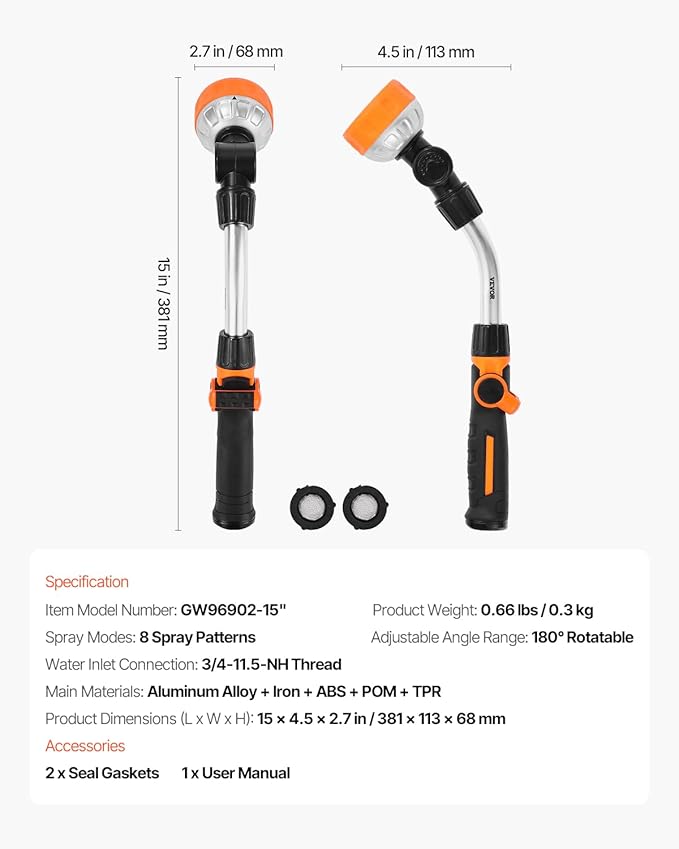 VEVOR Watering Wand, 15-Inch Robust Yard Hose Stick with 8 Spraying Modes & 180° Pivoting Head, Extended Hose Spray Apparatus with Thumb Operated On/Off