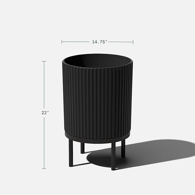 Veradek Demi Series Round Planter w/Stand for Porch/Patio | Durable Plastic-Stone Composite & Wooden Stand | Modern Décor for Tall Plants, Flowers