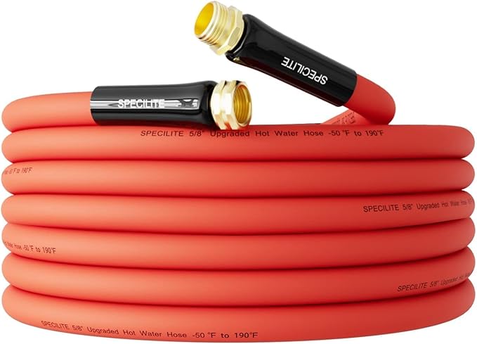 SPECILITE Hot/Cold Water Hose 5/8" x 25 ft,Heavy Duty Red Garden Hose -50℉ to 190℉,Flexible & Lightweight Rubber Hoses With 3/4" Brass Fittings for Yard,Outdoor,Farm