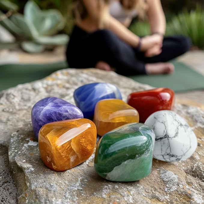 7 Chakra Stone Set, 0.8 Inches Large Size Polished Crystals - Natural Tumbled Gemstones Decorative Rocks for Vase Filler, Aquarium, Fish Tank, Indoor Plants, Indoor Fountain Stones