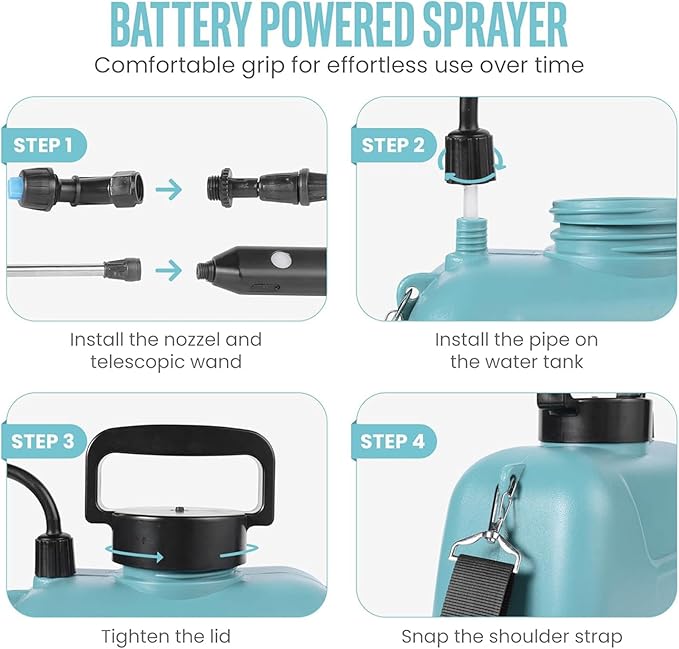 2025 Upgraded Electric Garden Sprayer | 5L/1.35Gal Battery-Powered Sprayer w/ 3 Nozzles, Leak-Proof Design & Adjustable Strap | Type-C Rechargeable for Lawn, Garden, Yard (Light Blue)