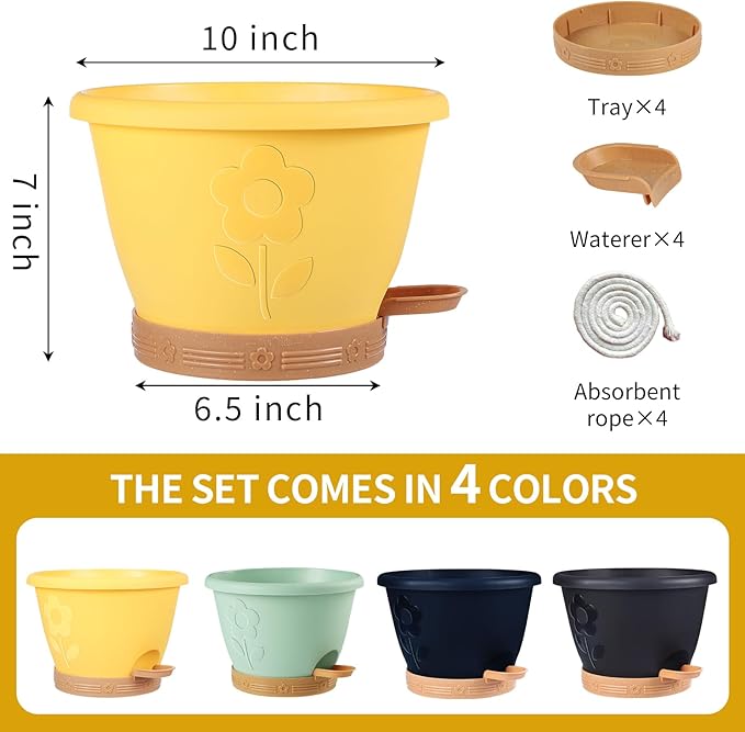 Plastic Plant Pots 10 Inch Set of 4, Self Watering Pots with Drainage Holes, Saucer & Reservoir, Flower Pots for Indoor/Outdoor Plants, Decorative Nursery Planting Pots (Yellow)