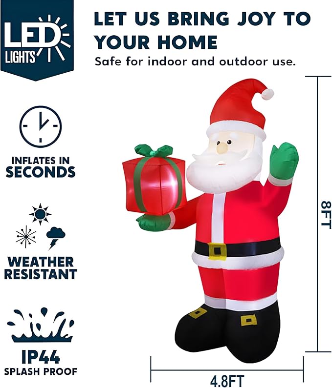 8 FT Christmas Inflatables Santa Claus Outdoor Decoration, Giant Christmas Blow up Santa Claus inflable with Red Gift Box, Built-in LED Lights,Xmas Outside Decor for Front Back Yard Garden Lawn