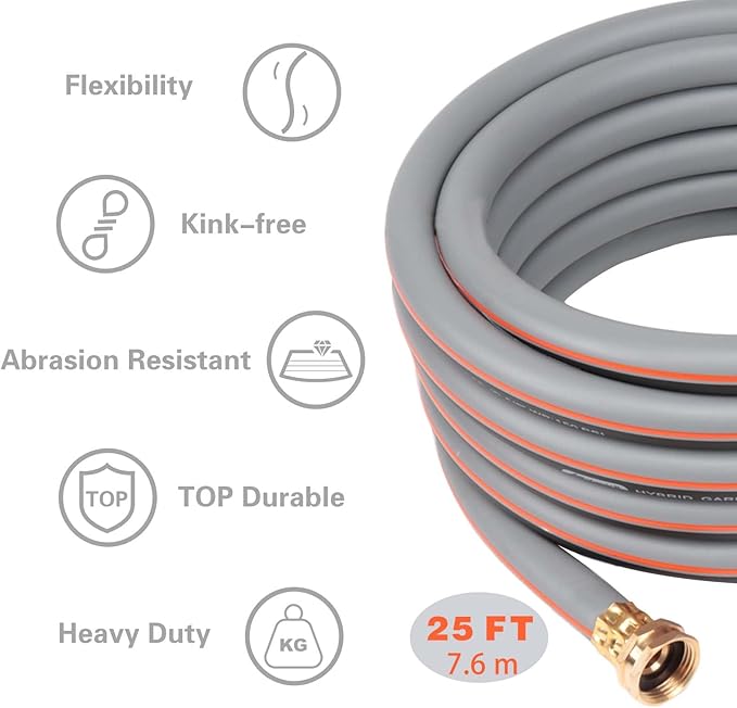 Garden Hose 25 ft 5/8,Rubber Water Hose Heavy Duty, Hybrid Durable Flexible Hose,Lightweight No Kink Hose for Outdoor Yard Lawn with Sprayer Nozzle and 3/4''Brass Solid Fittings