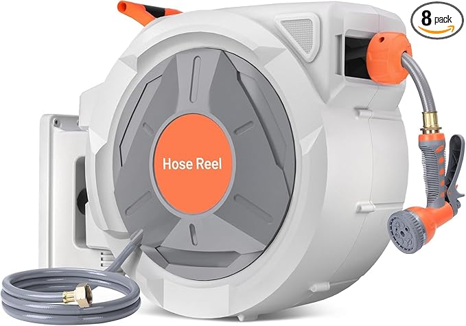Retractable Garden Hose Reel 5/8 in x 100 Ft, EliteEdge Wall Mounted Garden Hose Reel, with 9 Function Sprayer Nozzle, Any Length Lock, Lock/Automatic Slow Return System, 180° Swivel Bracket