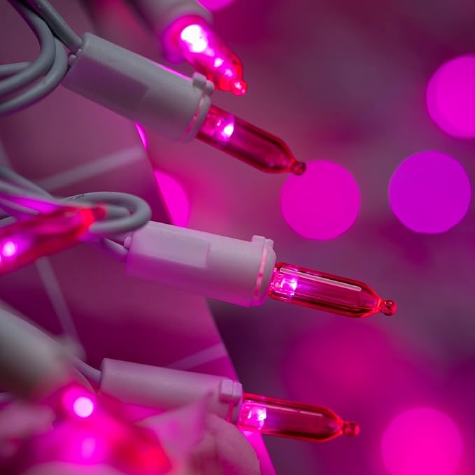 YULETIME 200 Pink LED Christmas Lights, 66 Feet White Wire UL Certified Commercial Grade Holiday String Light Set