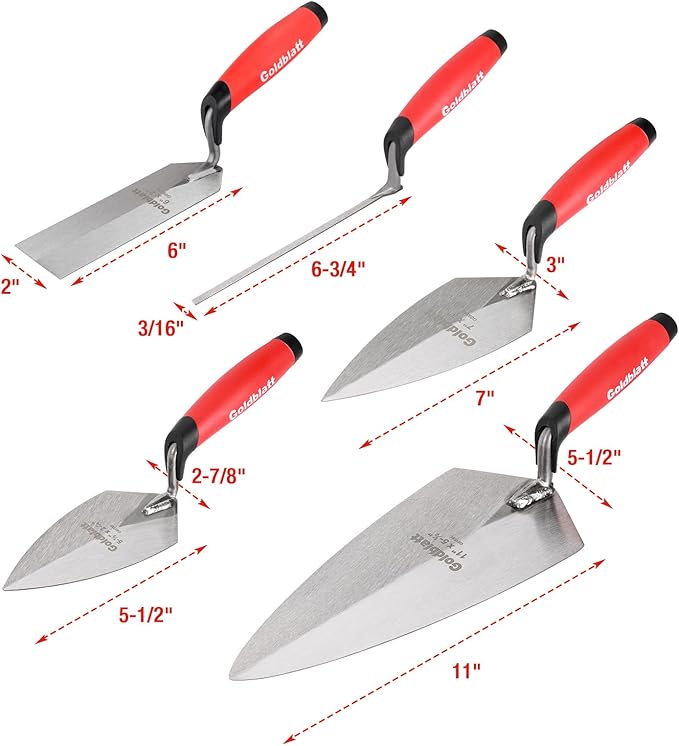 Goldblatt 12PC Masonry Hand Tool Set Organized in Tool Bag - Philadelphia/Pointing/Margin/Tuck Pointing Trowel, Skate Wheel Joint Raker, Convex Brick Jointer, String Line & Jag-clamp, Masonry Brush