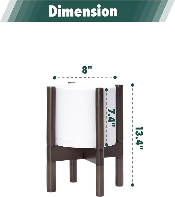 D'vine Dev Planter Pot with Stand - 8 Inch Plastic Cylinder Flower Pot with Wood Planter Holder for Indoor, Matte White Pot + Walnut Color Stand, 55-C-I-1