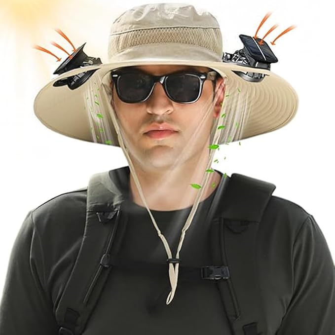 Solar Fan Hat Wide Brim Solar Fan Hat Outdoor Sun Hats for Men Women Fishing Hat with Removable & USB Charging Fan Khaki