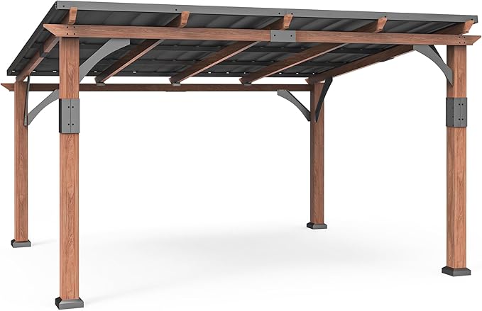 Macrout 12'x14' Outdoor Gazebo, Heavy Duty Pergola with Sloped Metal Roof and Aluminum Frame, Permanent Gazebos for Patio, Decks, Backyard, Garden, 4756 (Sloped Roof + Brown Frame, 12'x14')