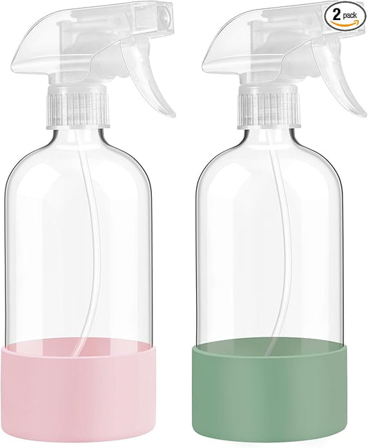 Glass Spray Bottles with Silicone Sleeve Protection, 16 oz Empty Refillable Containers, Reusable Spray Bottles with Adjustable Nozzle for Hair, Cleaning Solutions,Plants , 2 Pack Olive Green&Pink