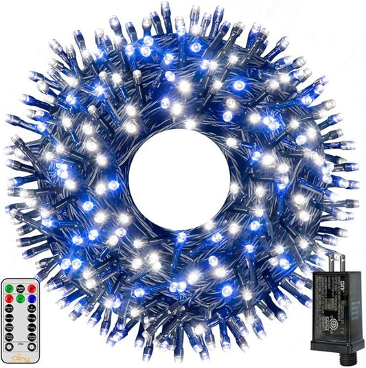 Ollny Christmas Lights, 500LED 164FT Long Christmas Tree Lights with 8 Modes Remote Timer IP44 Waterproof, Outdoor Christmas Lights for Tree House Yard Outside Xmas Decorations (Blue+White)