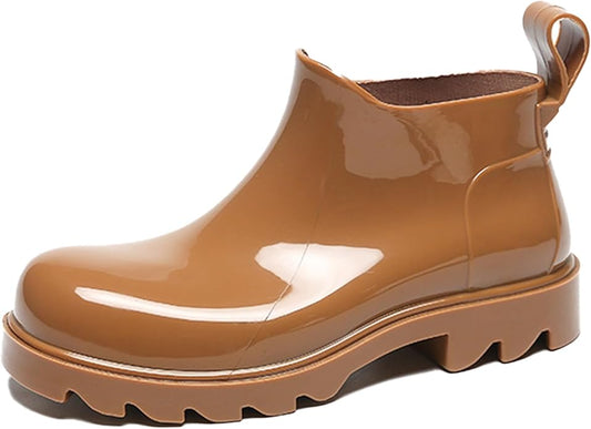 Women's PVC Lug Sole Ankle Rain Boots Comfort Round Toe Waterproof Low Chunky Platform Non-Slip Mid Top Garden Chelsea Short Galoshes for Outdoor Work