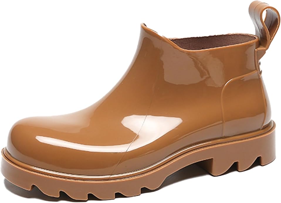 Women's PVC Lug Sole Ankle Rain Boots Comfort Round Toe Waterproof Low Chunky Platform Non-Slip Mid Top Garden Chelsea Short Galoshes for Outdoor Work