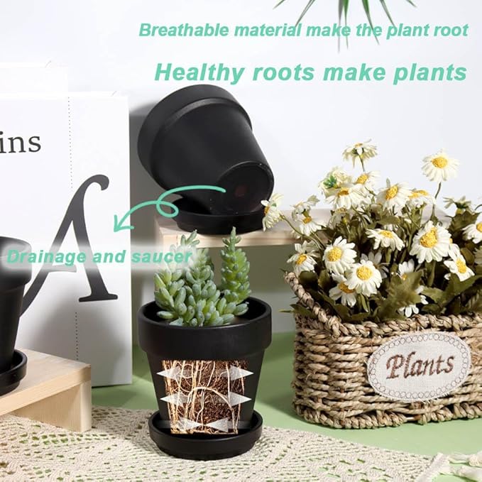 vensovo 4 Inch Small Black Terracotta Plant Pots with Saucer - 6 Pack Clay Flowerpots with Drainage, Great for Indoor Outdoor Plants, Crafts, Wedding Favor