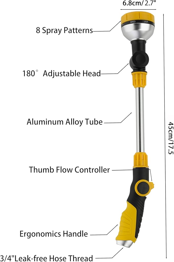 17.5" Gardening Watering Wand | 8 Spray Patterns & Thumb-Controlled Switch | 180° Rotating Long Nozzle| for Plants, Hanging Baskets and Shrubs, Pet Bathing, Wall Washing-Yellow