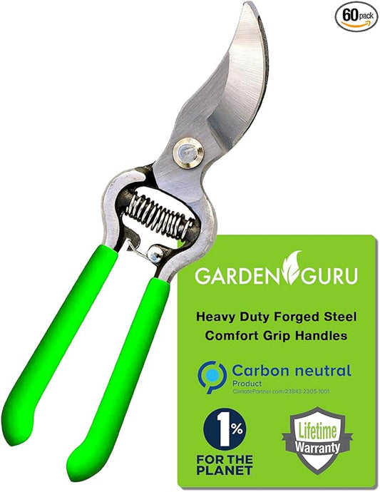 GARDEN GURU Classic Bypass Pruning Shears Clippers – Heavy Duty Forged Steel Pruners – Non Slip Comfort Grips – Cuts up to 1” Diameter – Professional Bypass Pruners for Gardening - 1 Case (60 Pcs)