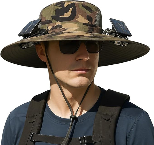 Solar Powered Fan Hat for Men & Women – UPF50+ Wide Brim Camo Sun Hat for Outdoor Hiking, Fishing, Camping, Gardening – Cooling Bucket Hat with USB Rechargeable Fan, UV Protection, Breathable Design